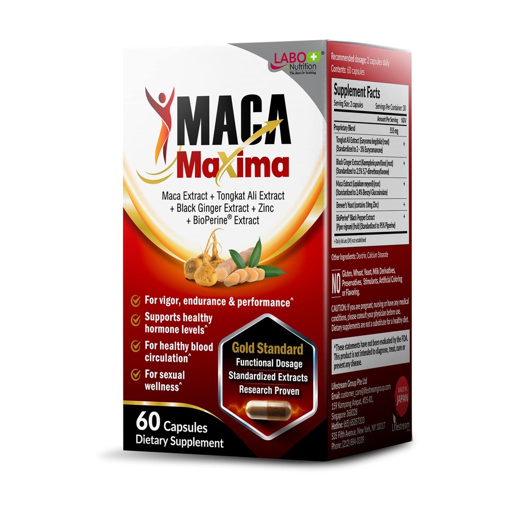 LABO Nutrition MacaMatima Peruvian Maca Root, Tongkat Ali, Black Ginger, Zinc et Black Pepper Extrant Supplément pour les hommes et les femmes, soutient la santé reproductive, l'énergie, l'endurance non-OGM, les pilules végétaliennes