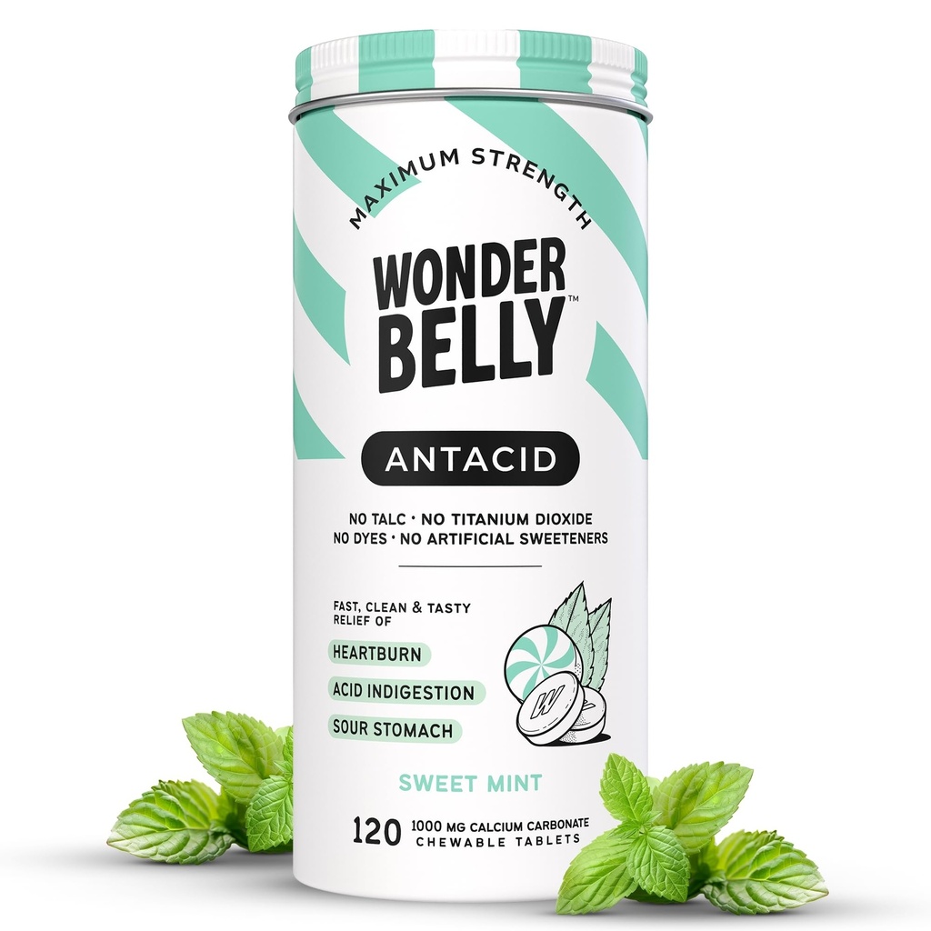 Wonderbaarlijk Antacidum, Effectieve Heartburn en Instant Acid Indigestie Verlichting, Extra Sterkte Kauwtabletten, 1000 mg Calcium Carbonaat, Geen Talk of Dye, Sweet Mint, 120 Tellen