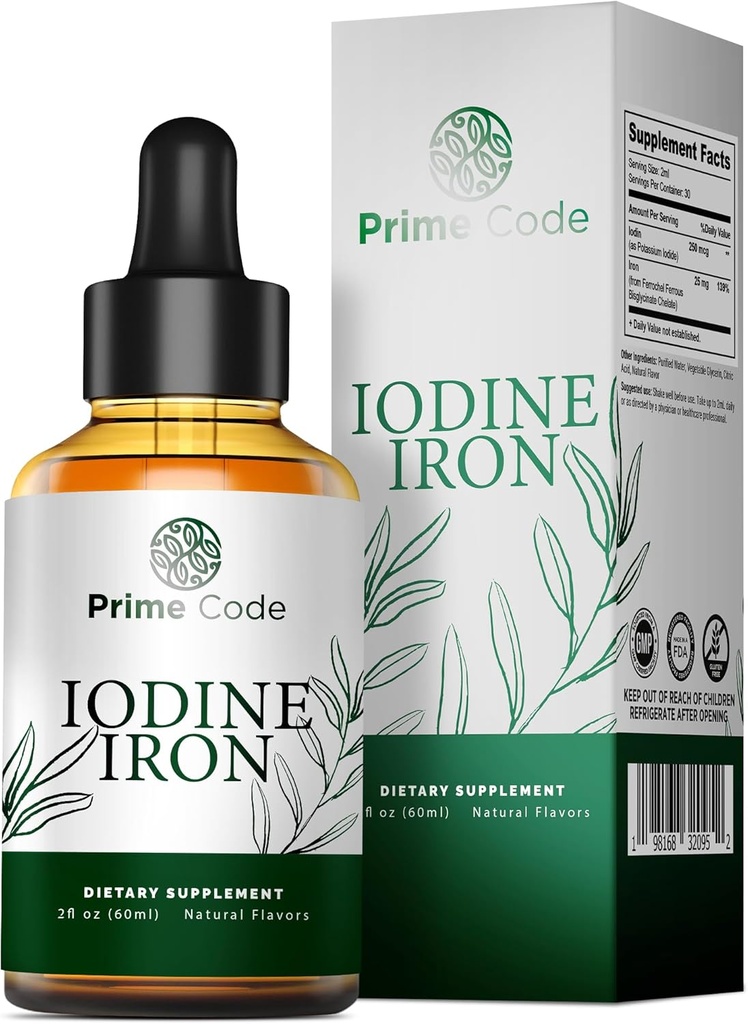 Prime Code [ 2 in 1] Jodium Liquid Supplement met ijzer - Jodium Supplement druppels voor schildklier 250mcg - Ondersteunt Thyroid Health Skin Health - Organic, Vegan, Non-GMO, Alcohol en Glutenvrije