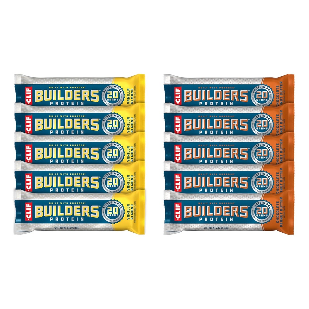 CLIF Bouwers - Chocolade Pindakaas en Vanille Amandelsmaak - Variety Pack - Plant Based Protein Bars - Glutenvrij - Non-GMO - Lage Glykemie - 20g Proteïne - 2.4 oz. (10 Tel.)