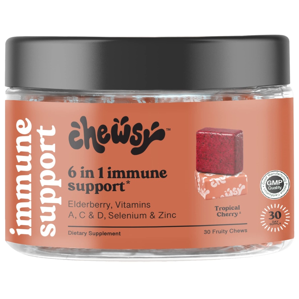 Chewsy 6-in-1 Immune Support Supplement Fruitige Kauwen met vlierbessen, vitamine C, A & D, zink & Selenium - 30-dagen levering, individueel verpakte immuniteit vitamines Kauwen voor volwassenen en kinderen (1)