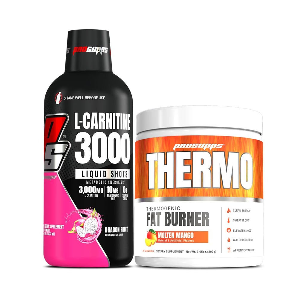 PROSUPPS L-Carnitine 3000 Stimulant shots liquides libres (31 portions, fruits dragons) et thermograissant poudre thermogénique (25 portions, mangue fondue)