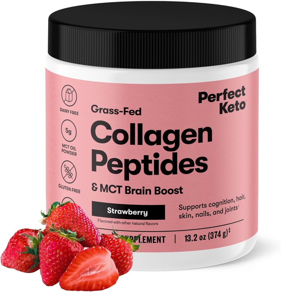Perfecte Keto Collageen Peptides Proteïne Poeder met MCT olie, Gehydrolyseerde Collageen, Type I & III Supplement, Glutenvrije Gras Fed, Low Carb, Keto Koffie Creamer, Collageen voor vrouwen en mannen, Aardbei
