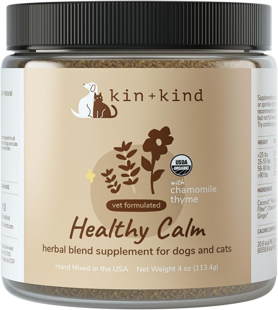 kin+kind Healthy Calm Supplement voor honden en katten - Vet Formulated Natural Formula with Biologische kamille, Thyme, Apple Pomace, Gember en Kokosnoot- Made in USA - 4 oz (Medium)
