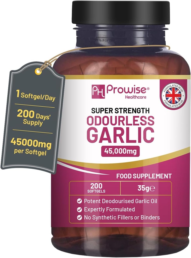 Capsules d'ail sans odeur Premium 45,000mg par softgel 200 softgels (pas les comprimés) Super haute résistance
