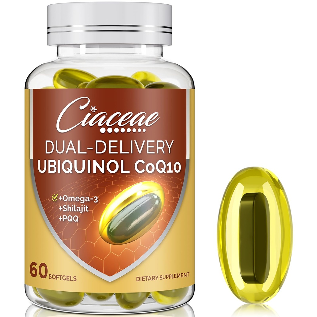 Ubichinol CoQ10 600 MG Softgels met Omega-3 & Shilajit & PQQ, Advanced Dual-Delivery Coenzyme-Q10, Active CoQ10 Ubichinol Supplement for Fertility, Antioxidant, Heart, Brain & Energy, 60 Servings