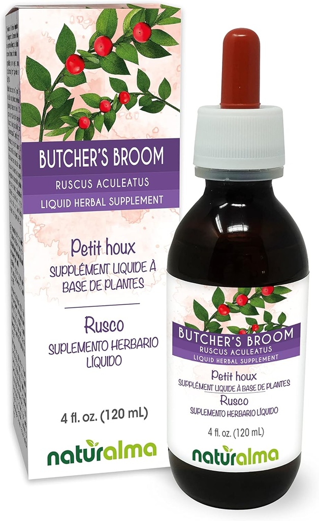 Naturalma Butcher's Broom (Ruscus aculeatus) Wortel Alcoholvrije Tinctuur - 4 fl oz Liquid Extract in druppels - Kruidensupplement - Veganistisch