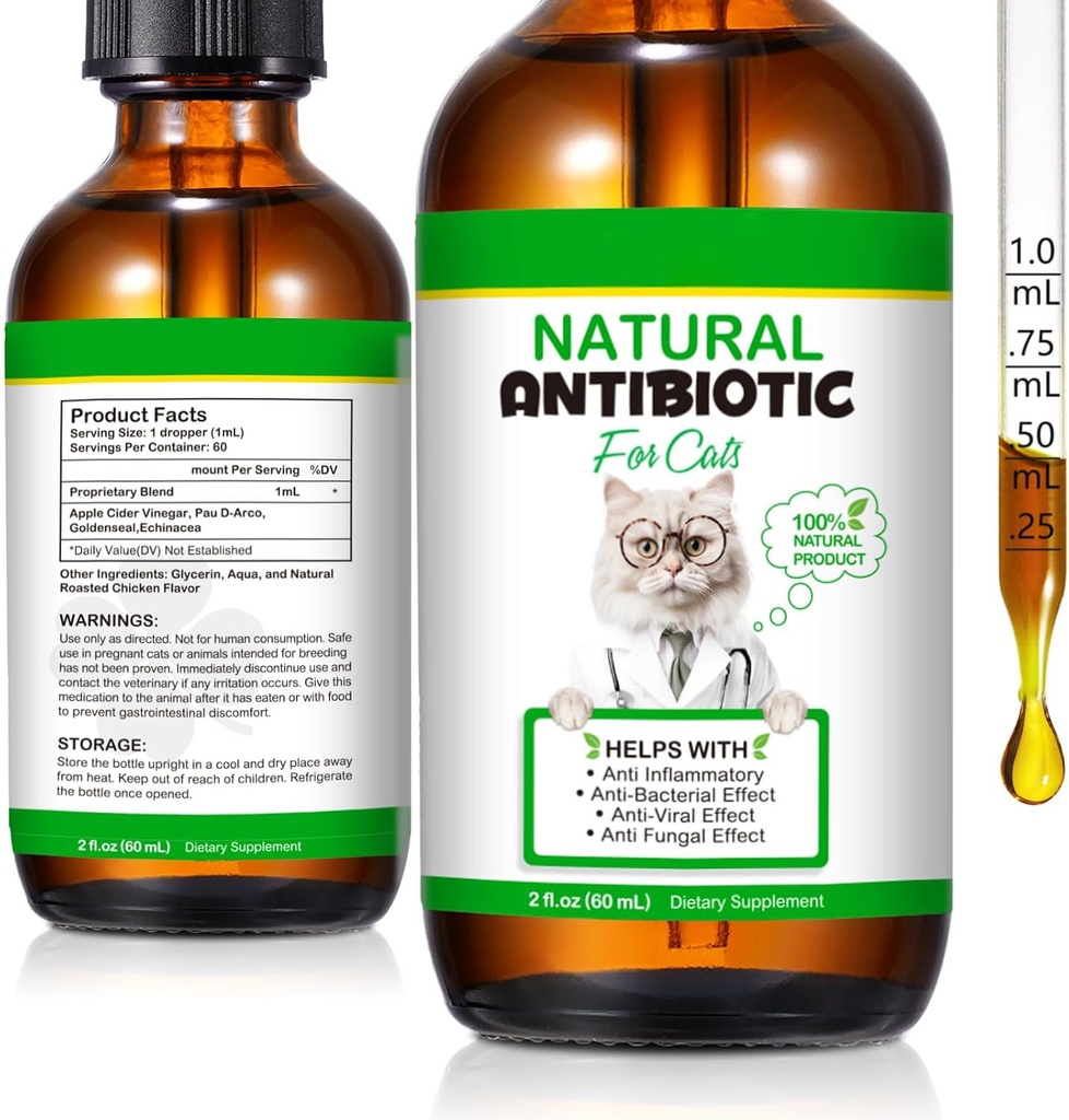 60ML Antibiotica voor katten, Premium Cat Antibiotica Supplement, Katten Multivitamine, Natuurlijke Antibiotica voor katten, Cat Antibiotica, Cat Antibiotica Ondersteunt Immune & Katten Allergie Relief-2 Fl Oz