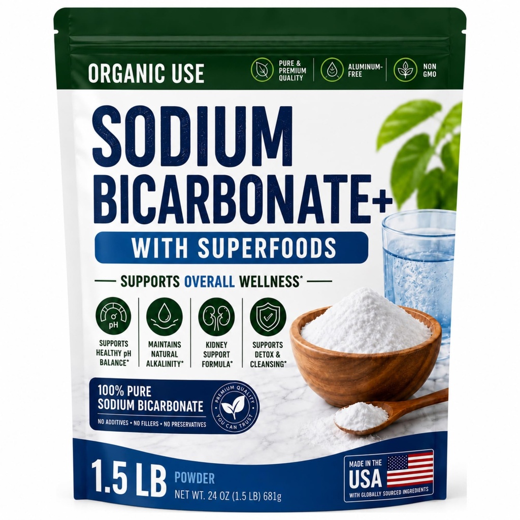 Organisch gebruik Natriumbicarbonaat Alkaline Supplement voor Alkaliniteit. Ondersteuning van nier- en maagzuurneutralisator w/Alkaline Superfoods. Natriumbicarbonaat Poeder Nierimmuun Ondersteuning Antacida Sport 1,5LB