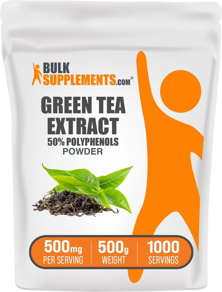 BulkSupplements.compoudre d'extrait de thé vert - Supplément de 50% de polyphénols, Suppléments d'EGCG - Sans gluten, 500mg par portion, 500g (1,1 lb) (paquet de 1)