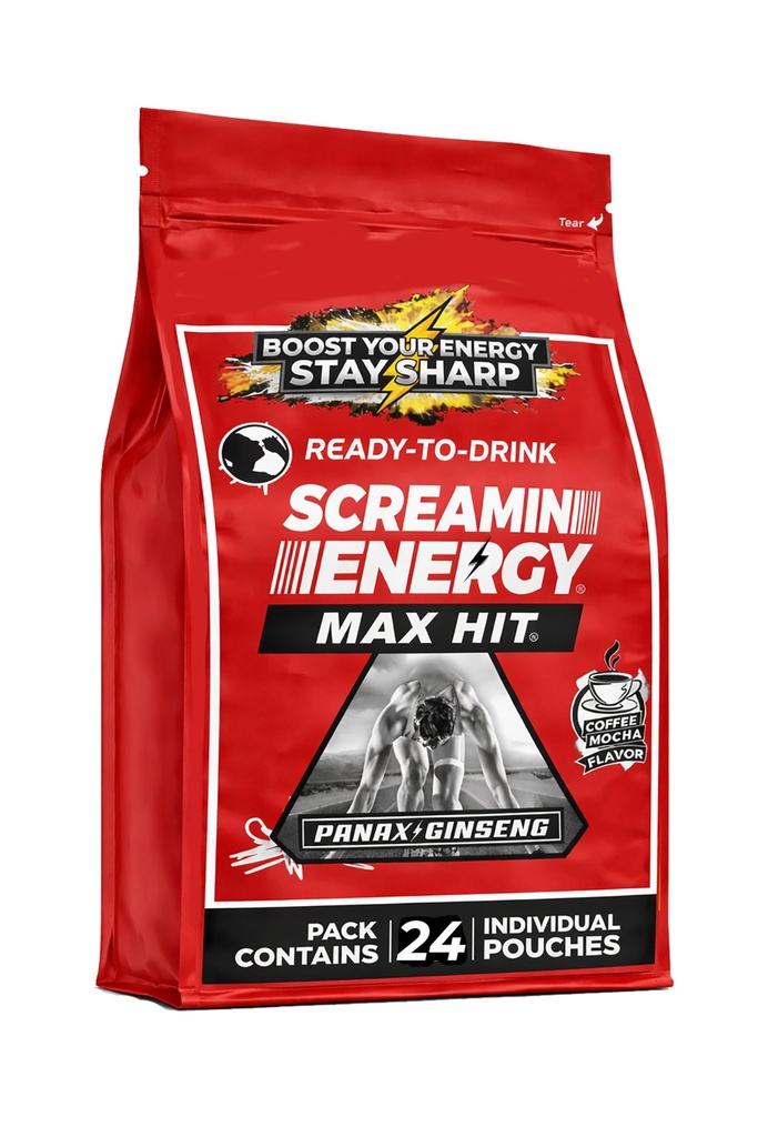 Screamin Energy Max Hit - Energie Shots Extra sterkte met Ginseng & Cafeïne - 100% B-1, B-2, B-3, B-6, B-7 en B12 Koffie Mocha, 24 Tel.