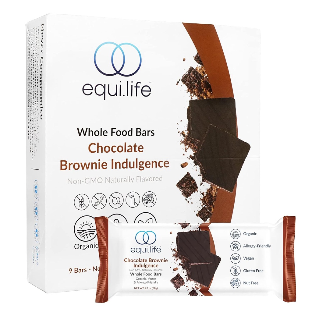 ÉquiLife - Barres alimentaires entières, barres de protéines paléo et véganes, barres de nutrition biologique, 6g de protéines, moins de 200 calories, riches arômes de cacao, taille voyage, sans gluten, sans soja (Brownie chocolatée, 9 comtes)