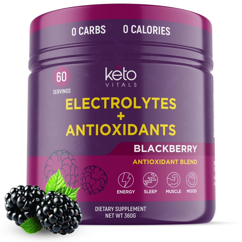 Keto Vitals Antioxidant Electrolytes Powder - Meng Keto Electrolytes met Kalium, Magnesium, Natrium, & Calcium - Geen Suiker Elektrolyt Drink Mix & Hydration Powder, 60 Servers, BlackBerry