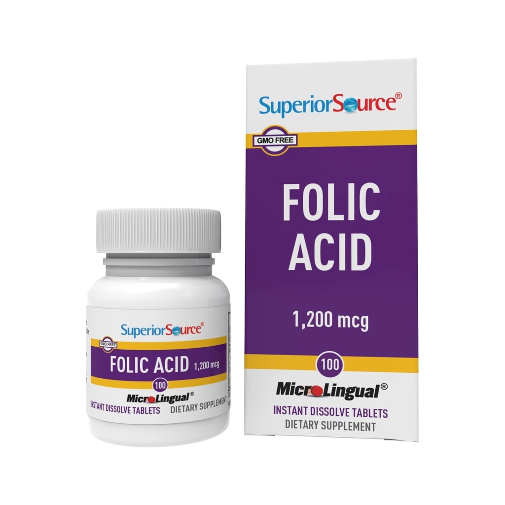 Superior Bron Foliumzuur 1200 mcg - Ondersteunt Hart, Immuun & Zenuwstelsel - 100 Tabletten voor sublinguaal gebruik
