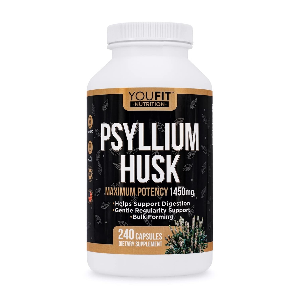 PSYLLIUM Husk Capsules - Supplément de fibre de psyllium premium - Promotion de la santé et de la régularité intestinales - 100% de fibre soluble naturelle 1450mg par portion - 240 capsules