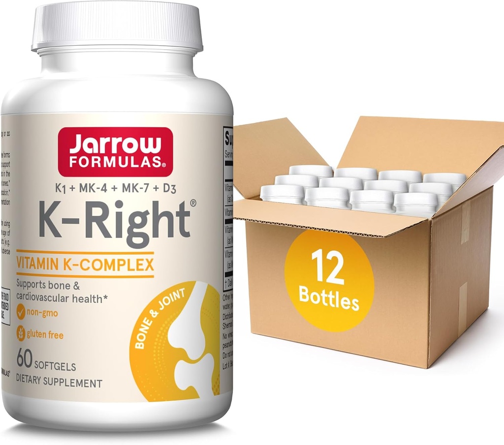 Jarrow Formules K-Right - Vitamine K-Complex (K1, MK-4, MK-7, D3) - 60 Servers (Softgels) - Dieetsupplement voor Bone & Cardiovasculaire gezondheidsondersteuning - Vitamine K2 MK-7 - Glutenvrij, verpakking van 12