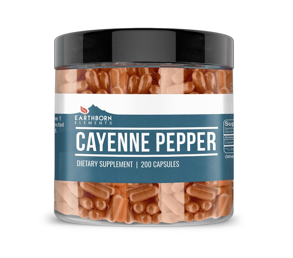 Earthborn Elements Cayenne Pepper 200 Capsules, Pure & Undiluted, No Additives