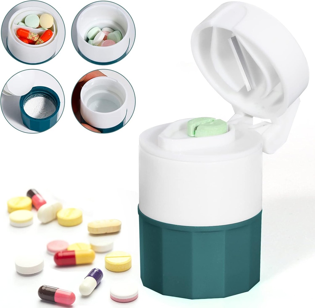 Broyeur à pilules et cutter, broyeur à pilules pour petites pilules et vitamines, broyeur à pilules en poudre fine, broyeur à pulvérisateur de médecine 4-en-1, broyeur à pilules avec stockage de médicaments