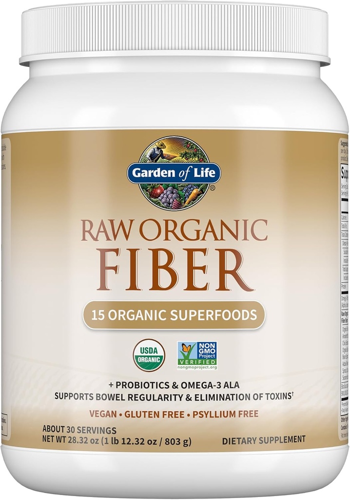 Tuin van het leven Rauwe biologische vezelpoeder, 30 porties, 15 biologische Superfoods, Probiotica, Omega-3 ALA, 4g Oplosbare vezel, 5g Onoplosbaar voor Regularity, Psyllium Husk Gratis
