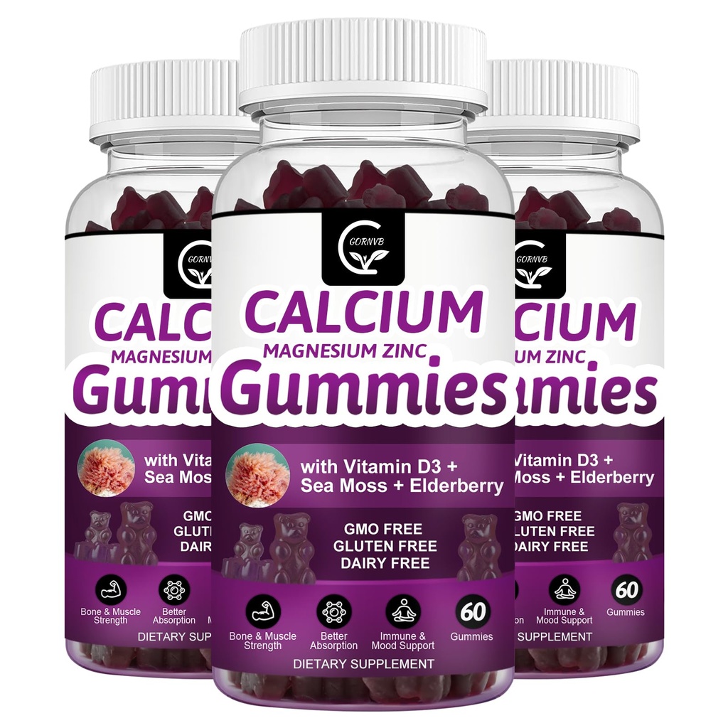 Calcium Magnesium Zink Gummies met hoge absorptie Magnesium Glycinate Kalium - Plant Complex Calcium Magnesium 2:1 Ratio, met D3 Zee Mos voor bot, spieren, Immune & Slaap Ondersteuning, Vegan-3 Pack