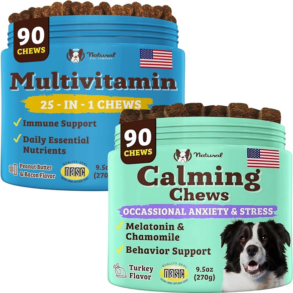 Natural Dog Company Multivitamine en kalmerende supplement bundel, dagelijkse voedingsstoffen en angst verlichting voor honden, ondersteuning van de gezamenlijke gezondheid, huid en jas, verminderen stress van lawaai en reizen, essentiële vitamines