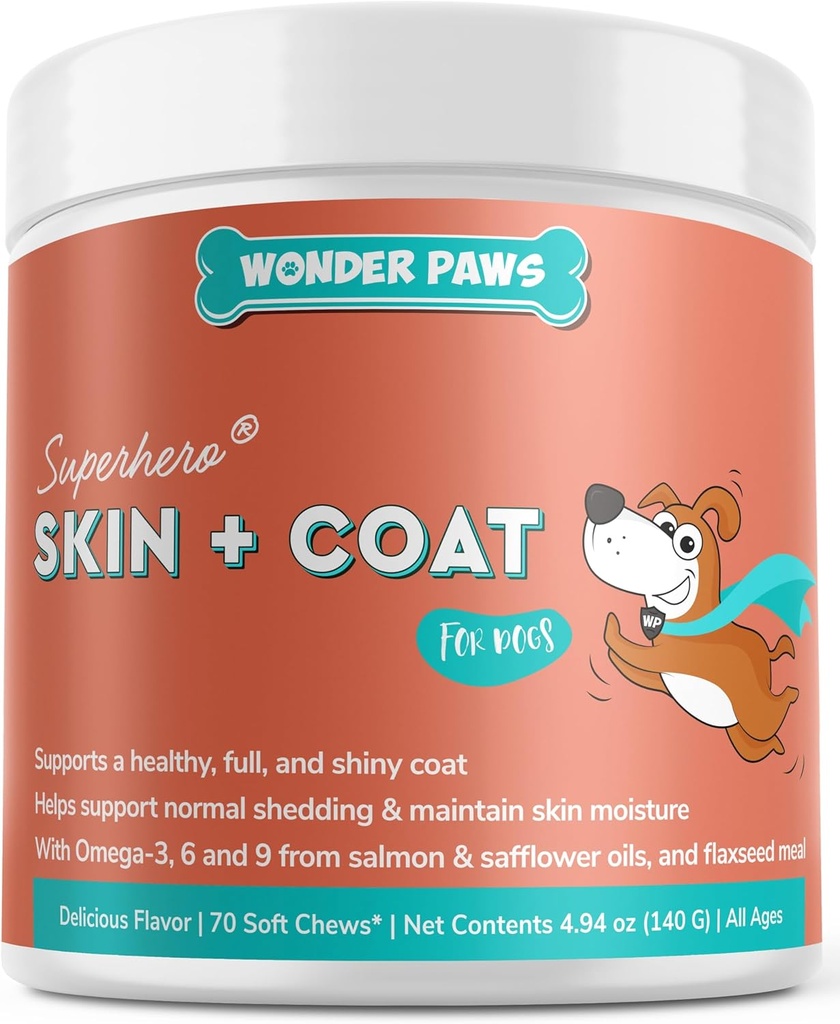 Wonder Paws Skin & Coat Supplement voor honden met zalmolie, Omega 3 & 6, EPA & DHA, bevordert gezonde huid en jas, jeukende verlichting, gezamenlijke en algemene gezondheid, heerlijke smaak, 70 huid & vacht Zachte kauwen