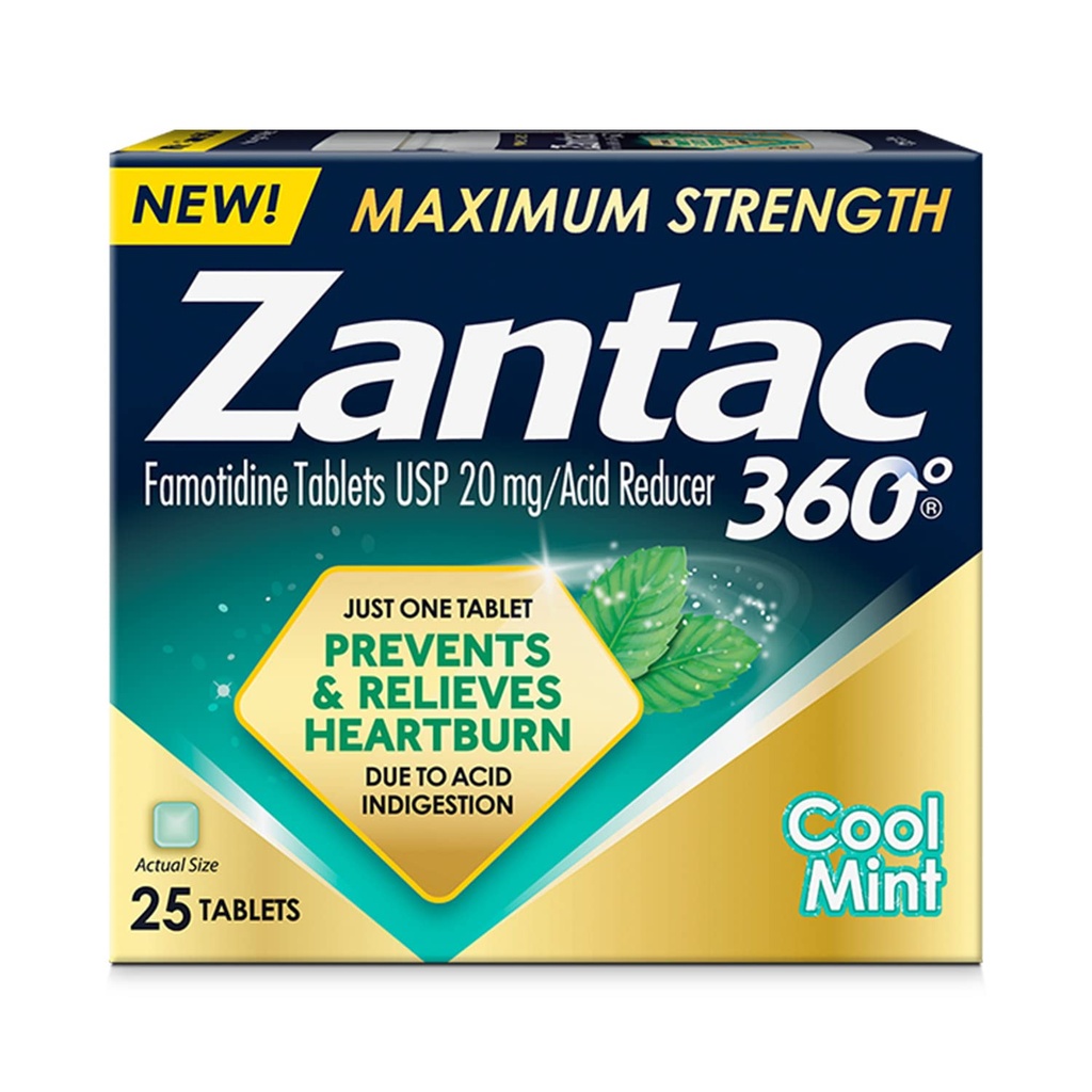 Zantac 360 Maximale sterkte, Cool Mint, 25 Count, Heartburn Prevention & Relief, 20mg tabletten