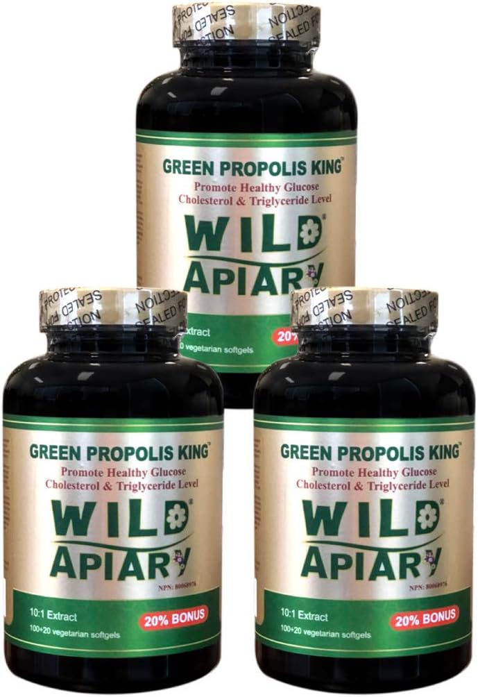Generieke 3 Flessen van Wild Apiary Braziliaanse Green Bee Propolis King Plantaardige Softgels (120 caps)-Niet Alcoholisch, Wasvrij, Suikervrij,