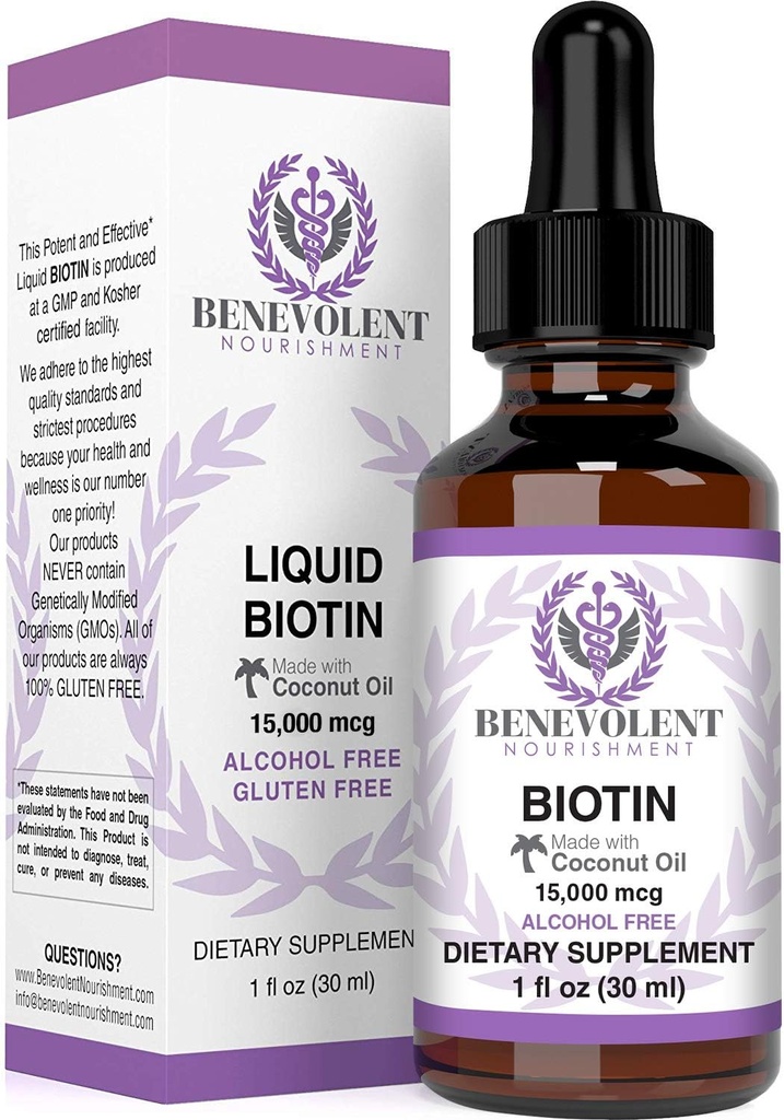 Benevolent Liquid Biotin 15000 mcg - Geïnfundeerd met Kokosolie voor 5x Absorptie, Non-GMO & Vegan Friendly Biotin voor Haargroei Gloeiende huid en sterke nagels