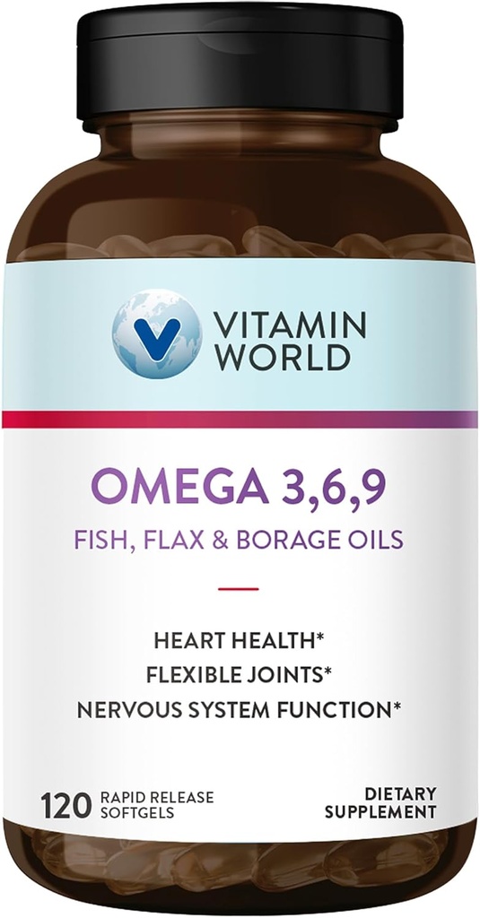 Vitamin World Triple Omega 3-6-9 3000 mg met vis, vlas, Borage & Avond Primrose Oils, Omega-3 vetzuren met EPA & DHA, ondersteunt hart, hersenen & Immune Health, Glutenvrij, 120 Softgels