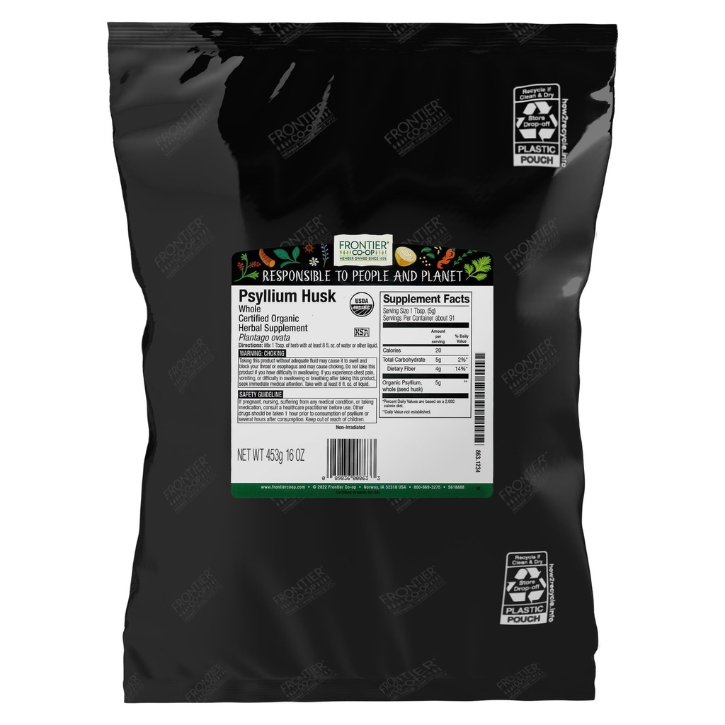 Frontier Co-op Organic Psyllium Husk 1lb - Psyllium entier Husk, Organic & Kosher - Psyllium Husk Fibre pour cuisson, Psyllium Complément nutritionnel pour digestion, Psyllium Husk Poudre en vrac