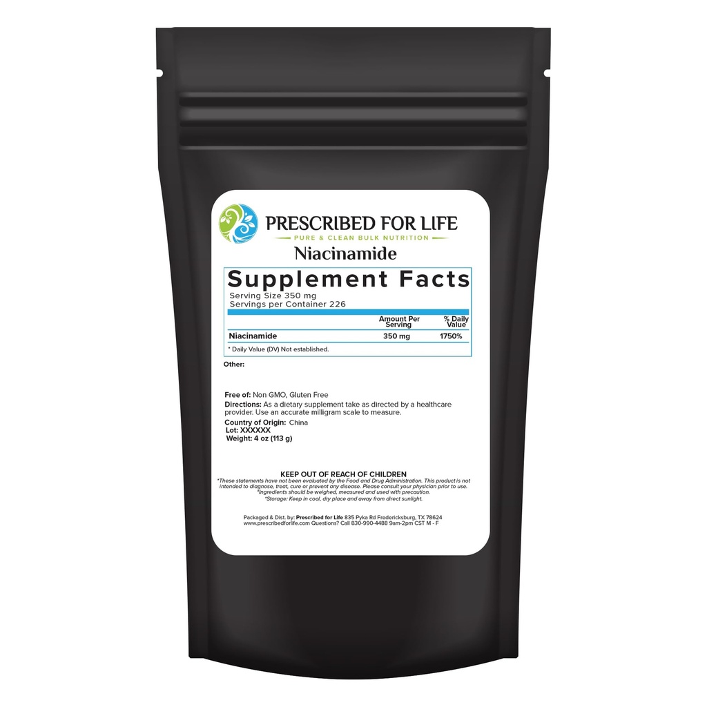 Voorgeschreven voor het leven Niacinamide poeder (B-C), Fine Granular USP Grade Vitamine B3 Powder, Natural Nicotinamide Supplement, Glutenvrij, Niet GGO, Vegan, Niacinamida Pura (4oz / 113g)