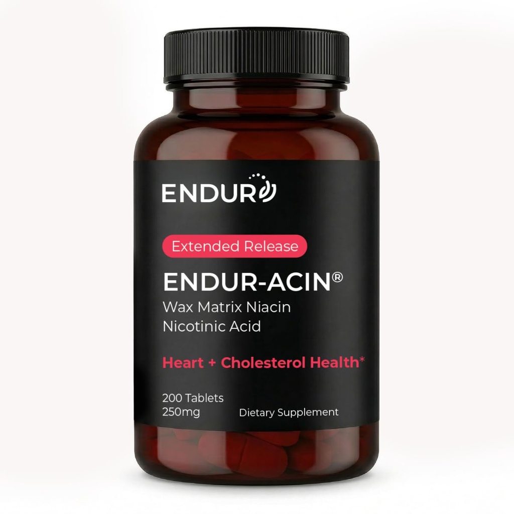 ENDUR-ACIN Niacine, supplément santé cardiaque et équilibre du cholestérol, libération prolongée pour absorption optimale, sans gluten, 250mg (200 comprimés)