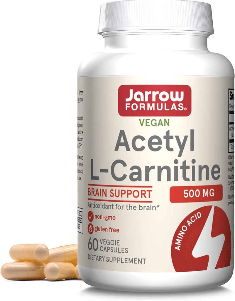 Gélules d'acétyle L-Carnitine - 500 mg - 60 Compte - Pour la santé cérébrale et le métabolisme de l'acide gras - Capsules végétales - Non-OGM - Sans gluten