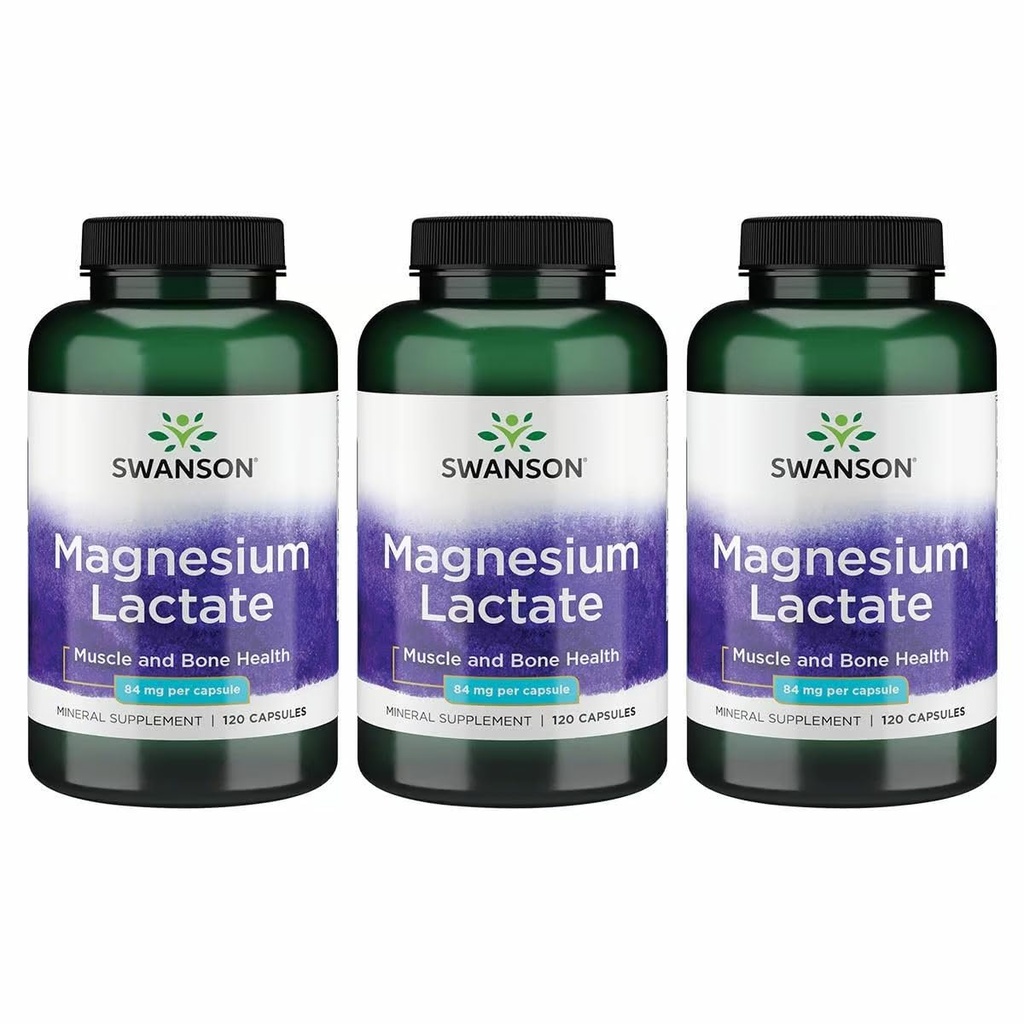 Lactate de magnésium de Swanson - Supplément minéral favorisant le soutien de la santé musculaire et osseuse - Forme minérale de lactate sans lactose pour l'absorption douce - (120 capsules, 84mg chacune) 3 boîtes