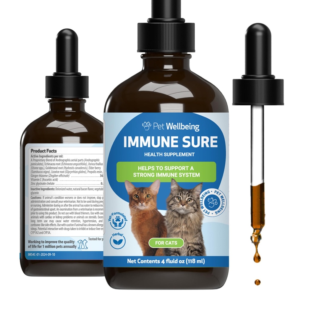 Pet Wellbeing Immune Sure for Cats - Ondersteunt Normale Immune Defenses, Gut Flora Balance, Andrographis, Echinacea, Vitamine C, Zink - Veterinair-geformuleerd Kruidensupplement 4 oz (118 ml)
