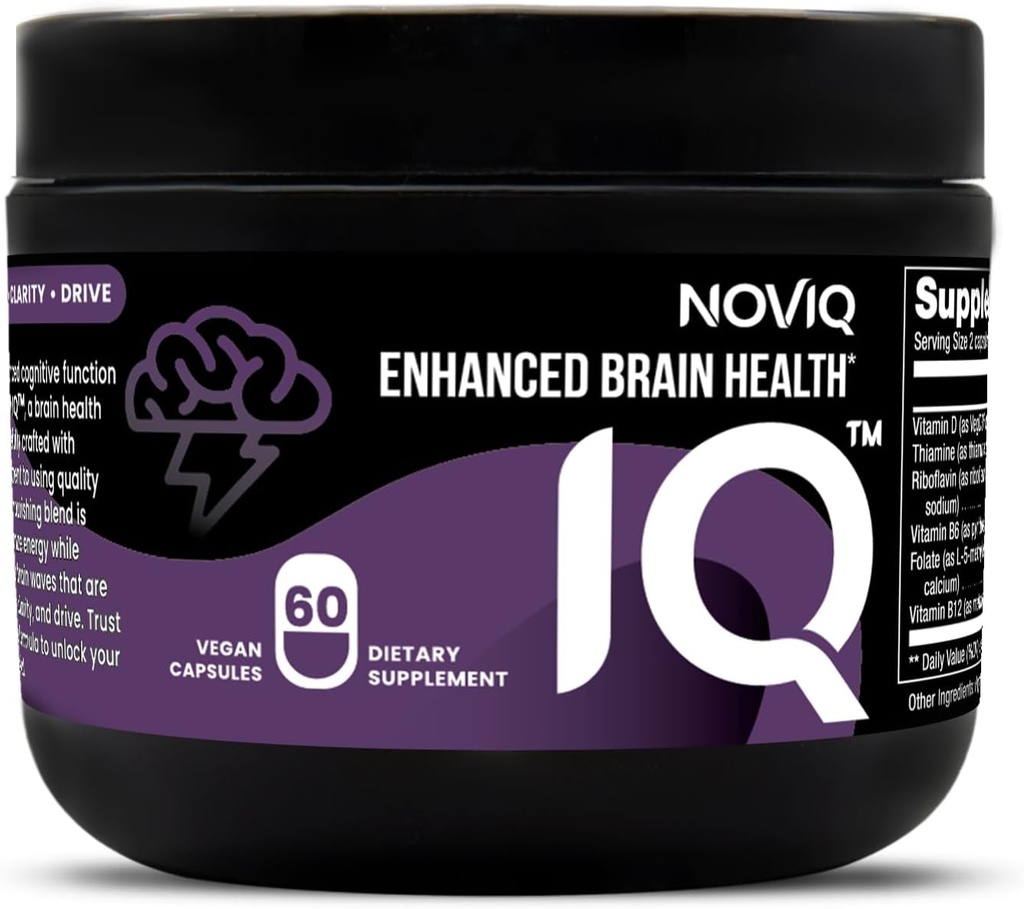 IQ - Supplément Cerveau Nootropique 11-en-1 : soutient la mémoire et la cognition - Bioactif B-Complexe avec 5-MTHF, L-Theanine, L-Tyrosine, Bacopa, Ginkgo, Huperzine - Vegan, Non-GMO, Sans caféine - 60 Compte