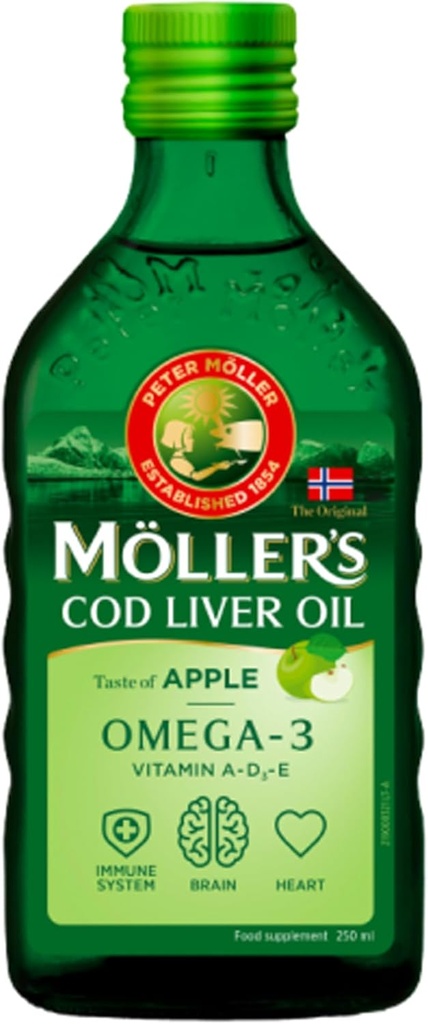 Moller's Fish Oil Norwegian Natural Flavour - Dieetsupplement, 8,45 fl oz (Citroen, appel, fruit, natuurlijke smaakstoffen) (250 ml, ongearomatiseerd)
