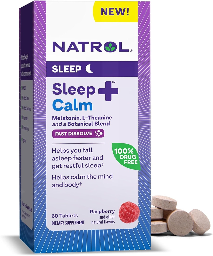 Natrol Slaap + Kalm Melatonine 6mg met L-Theanine 50mg en een Botanische Blend, Dieetsupplement voor rustgevende slaap en een kalme geest en lichaam, 60 Raspberry-Flavored Fast Solution Tablets, 60 Day Supply
