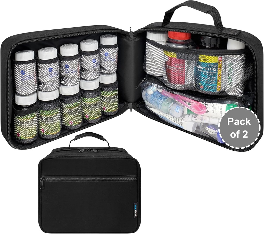 Verpakking van 2 - Grote Padded Pill Fles Organizer, Medicine Bag, Case, Vervoerder voor Medicijnen, Vitaminen, en Medische Supplies met Vaste Pockets - Zwart (Zonder Lock)