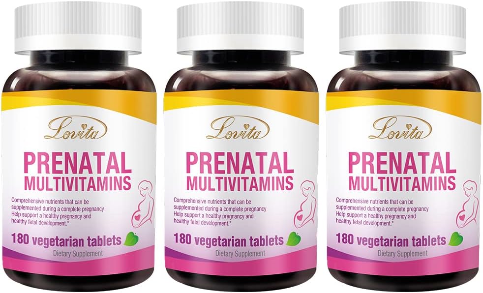Lovita prenatale vitamines met ijzer 27 mg, foliumzuur 800mcg & Calcium, Vegan prenatale vitamines voor vrouwen tijdens en na preganacy, niet GGO, 180 Vegetarische prenatale pillen (pakket van 3)