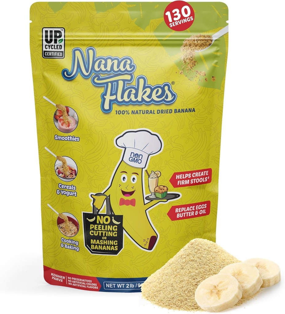 Voedingsdesigns Nana Flakes 100% Natural Banana Powder, Digestive Support - Bron van Kalium & Fiber - Substituut voor eieren, boter of olie in de bak (2LB zak)