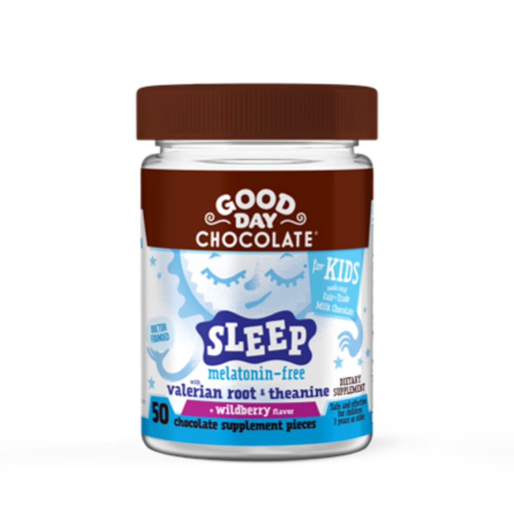 Bonne journée Chocolat naturel de la racine valériane pour les enfants, supplément de sommeil à base de plantes, saveur biologique de baies sauvages, commerce équitable et chocolat non OGM, L-Theanine, 50 pièces