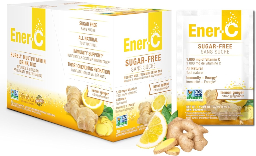 Ener-C Suikervrije Citroen Gember Multivitamine Drinkmix, 1000mg Vitamine C, Non-GMO, Veganistisch, Echte Fruitsap Poeders, Natuurlijke Immuniteit Ondersteuning, Elektrolyten, Glutenvrij, 1-pack van 30