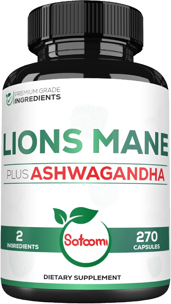 Satoomi Lions Mane Supplément Capsules avec supplément Ashwagandha - 270 Capsules - haute concentration pour le repos mental, la santé cérébrale, le système immunitaire et le focus support - sans gluten, sans OGM