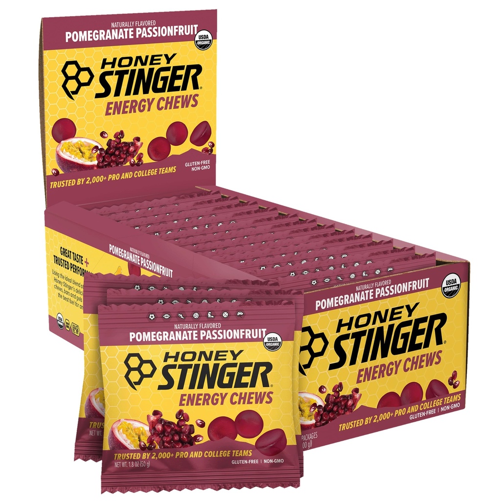 Honey Stinger Biologische Granaatappel Passievruchten Energie Kauw, Glutenvrij & Cafeïnevrij, voor oefeningen, hardlopen en prestaties, Sportvoeding voor thuis & Gym, Pre en Mid workout, 12 Pack