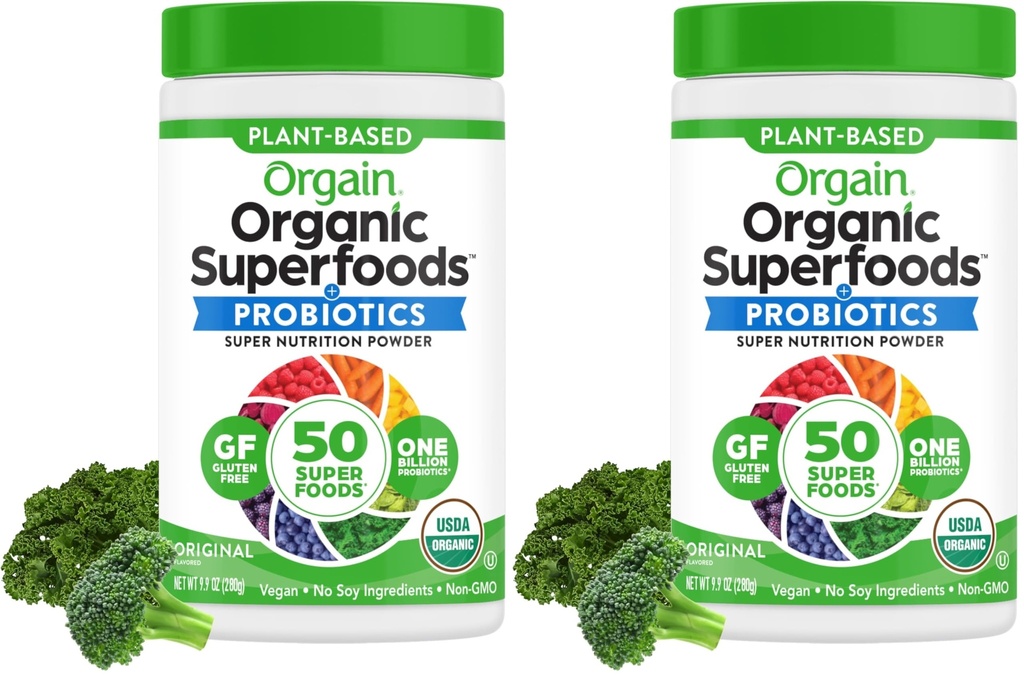 Poudre de vert organique d'orgaine + 50 superaliments, original - 1 milliard probiotiques pour la santé des gorgés, antioxydants, végétalien, à base de plantes, sans gluten, sans OGM, sans lait et sans mélange de jus et de smoothie - 0,62lb