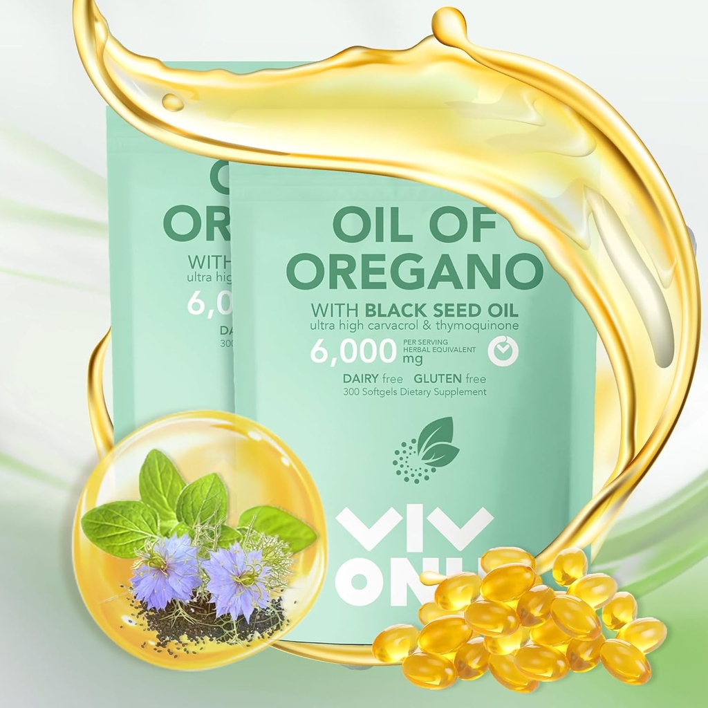 VivoNu Olie van Oregano met Zwarte Zaadolie, Balanced Oil van Oregano Capsules, Biologische OreganoOil Softgels,Carvacrol,Thymochinon, Non-GMO