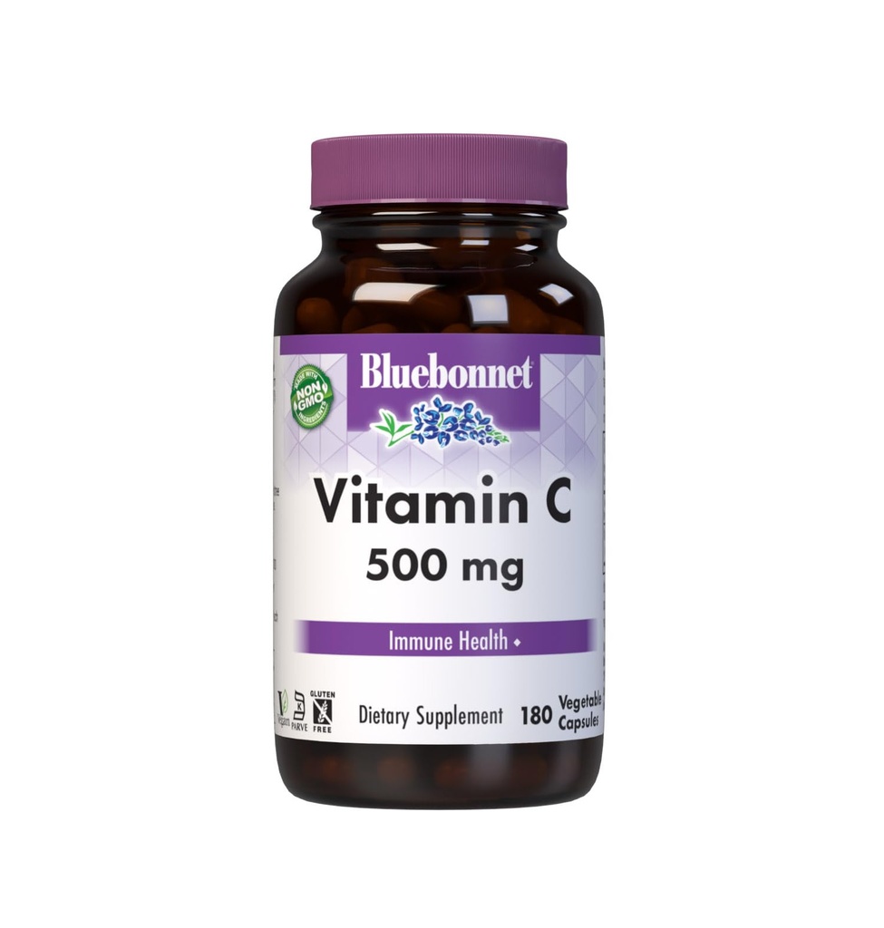 Bluebonnet Voeding Vitamine C 500 mg Plantaardige Capsules, Ascorbinezuur, voor Immune Health & Skin Health, Vegan, Vegetarisch, Niet GGO, Glutenvrij, Sojavrij, Melkvrij, Kosjer, 180 Plantaardige Capsules