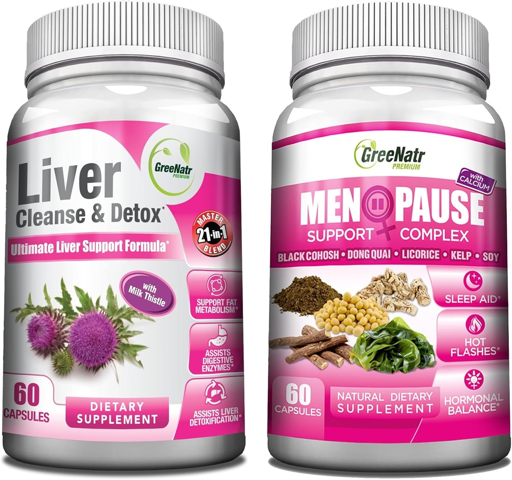 GreeNatr Synergic Bundle - Herbal Menopauze Ondersteuning Complex voor Hot Flashes, Night Sweats & Mood Swings Relief Plus Totale Lever Revitalisatie met onze synergistische Lever Reiniging